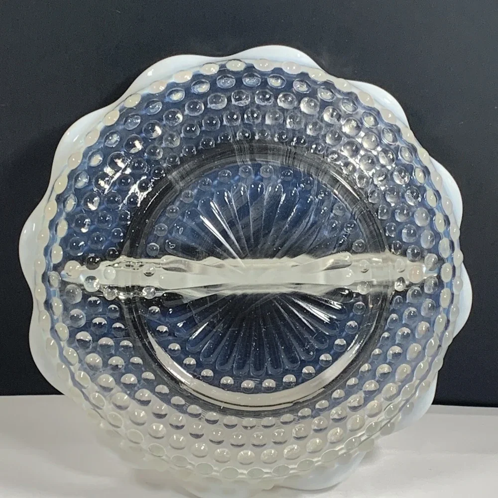 Anchor Hocking White Opalescent Hobnail Glass Divided Relish Dish Ruffled Vtg